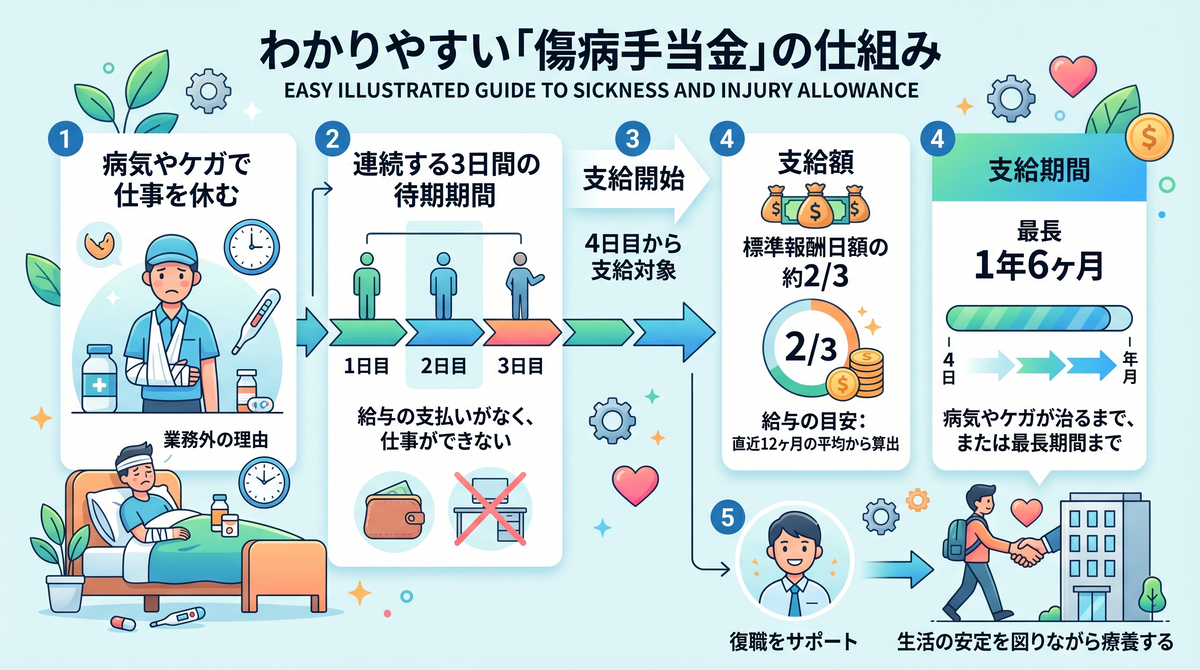 【図解】傷病手当金のわかりやすい仕組みと申請条件：病気やケガで休業した際の「連続する3日間の待期期間」「4日目からの支給開始」「給与の約2/3の支給額」「最長1年6ヶ月の支給期間」という全体像を解説したイラスト
