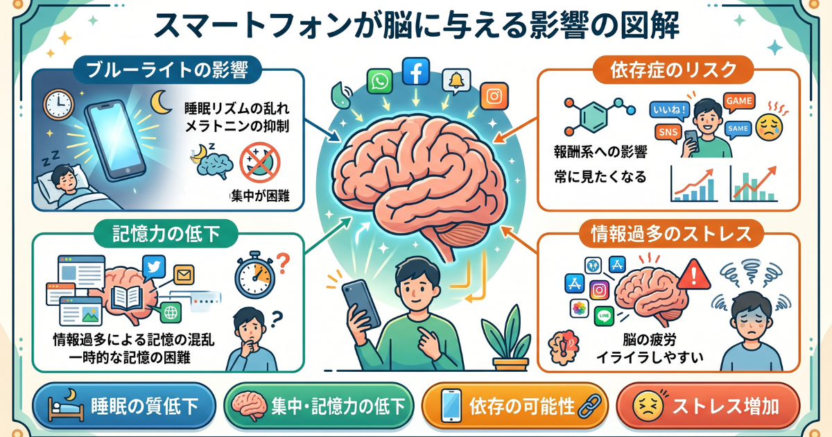 スマートフォンが脳に与える4つの悪影響（ブルーライトによる睡眠低下、情報過多による記憶力低下、報酬系への影響による依存、脳疲労によるストレス増加）をまとめた図解。傷病手当金をもらって休職している期間に、時間があるからとスマホばかり見ていると、かえって脳が疲弊して回復が遅れてしまうという「間違った休み方」への注意喚起として解説しています。