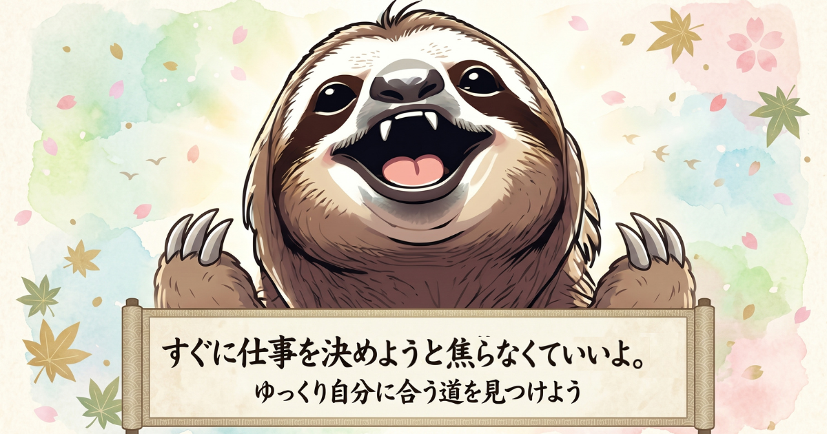 笑顔のナマケモノが「すぐに仕事を決めようと焦らなくていいよ。ゆっくり自分に合う道を見つけよう」というメッセージの巻物を掲げているイラスト。傷病手当金を受給できる1年半という休職期間において、復職や転職への焦りを手放し、自分のペースで心身を回復させる「正しい休み方」の結論として、読者に向けた温かいエールを表現しています。
