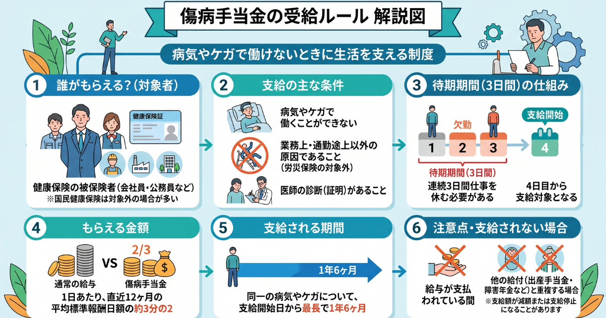病気やケガで働けないときに生活を支える「傷病手当金」の受給ルールを6つのステップで解説した図解。受給対象者や支給条件、3日間の待期期間、もらえる金額（給与の約3分の2）、最長1年6ヶ月という支給期間などを分かりやすくまとめています。休職中の読者がお金の不安をなくし、安心して正しい休み方を実践するための制度の仕組みを視覚的に伝えています。