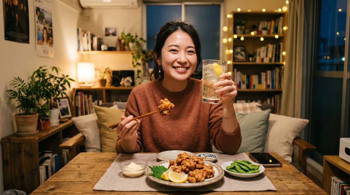 自宅で唐揚げとハイボールを楽しみながら、リラックスした最高の笑顔を見せる女性の画像。傷病手当金を受給している休職期間中は「休むことへの罪悪感」を手放し、美味しいものを食べて自分を労うことも、心身を回復させるための「正しい休み方」であることを表現しています。