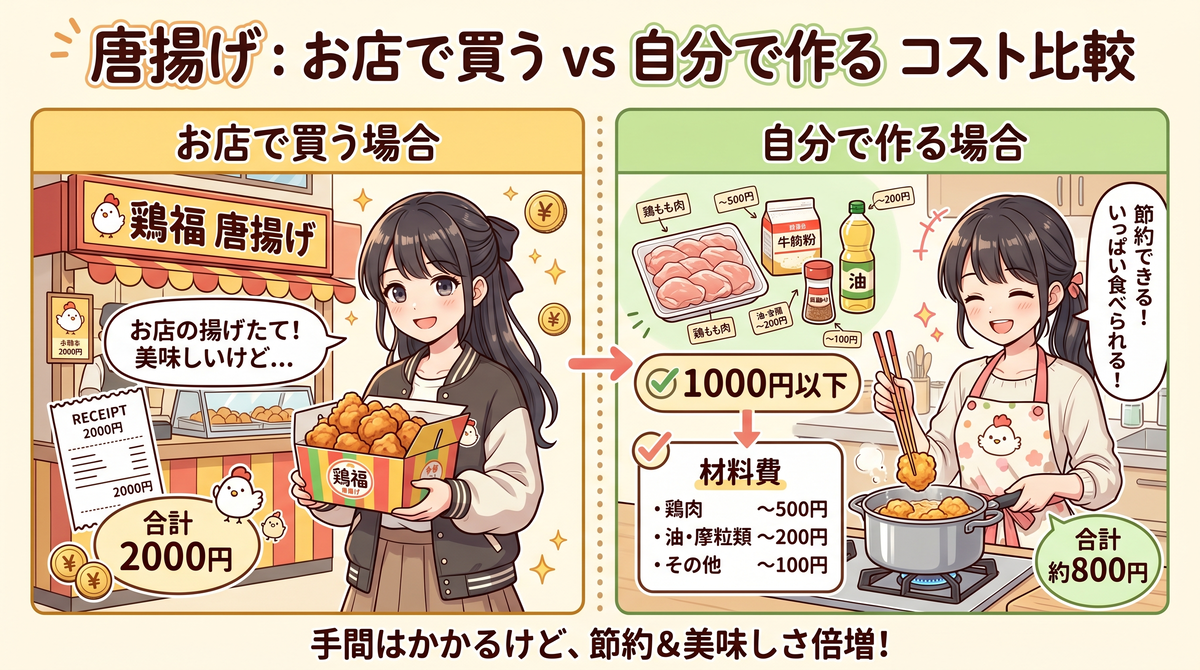 唐揚げをお店で買う場合（2000円）と自分で作る場合（1000円以下）のコスト比較を図解したイラスト。傷病手当金を受給する休職中は収入が減るためお金の不安を感じやすいですが、無理のない範囲で自炊をして節約を楽しむことも、心とお金に余裕を持たせる「正しい休み方（過ごし方）」の一つとして紹介しています。