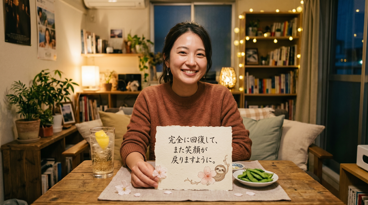 リラックスした部屋で、笑顔の女性が「完全に回復して、また笑顔が戻りますように。」と書かれたメッセージカード（ナマケモノと桜のイラスト付き）を持っている画像。傷病手当金を受給しながら休職する1年半の期間を焦らずに過ごし、読者が「正しい休み方」を経て心身ともにしっかり回復し、元の笑顔を取り戻せるようにと願う、温かいエールを表現しています。