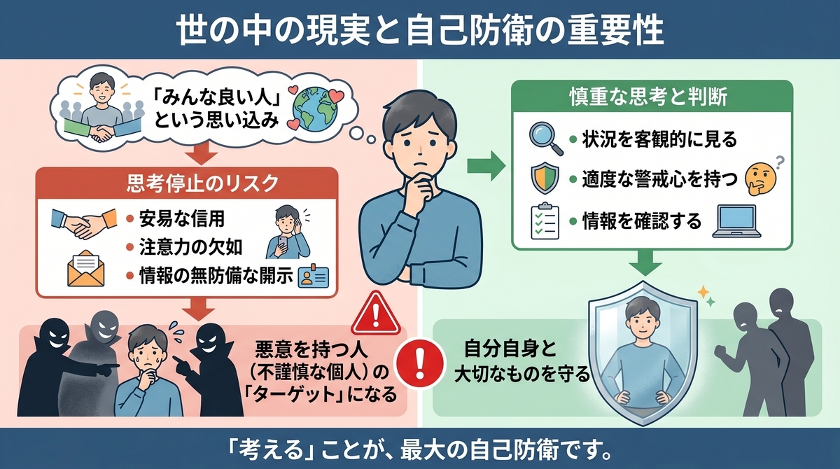 世の中の現実と自己防衛の重要性を比較した図解。「成功率100%」などの言葉を鵜呑みにして思考停止に陥り、悪質な退職代行業者のターゲット(カモ)にされてしまうリスク(左側)と、情報を客観的に確認して適度な警戒心を持つことで自分を守るプロセス(右側)を対比させています。甘い言葉のカラクリを見抜き、「自分で考えることが最大の自己防衛である」という記事の核心となるメッセージを視覚化しています。