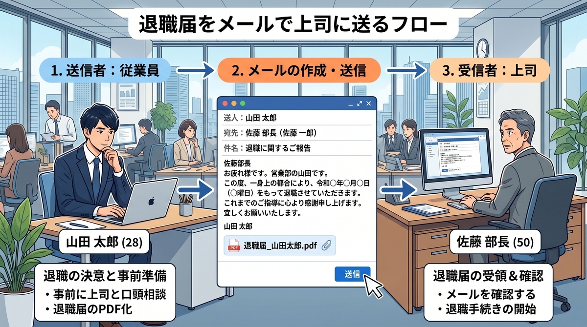 退職代行業者を使わずに、自分で退職届をメールで上司に送るフローを図解したイラスト。送信者(従業員)が退職届をPDF化してメールに添付し、受信者(上司)に送信するまでの具体的な手順とメールの文面例を解説しています。高額な退職代行に依頼しなくても、実はメール1本で法的に退職の意思表示は可能であるという、読者が自力でできる確実な代替手段を示しています。